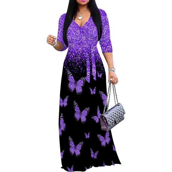 Plus Size Maxi Dress Women Flowy Polyester With Belt V Neck Elegant - Picture 1 of 7